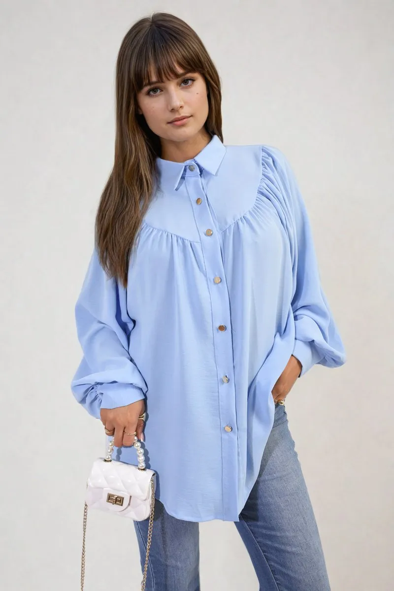 Aiza High Neckline Button Front Balloon Sleeve Top