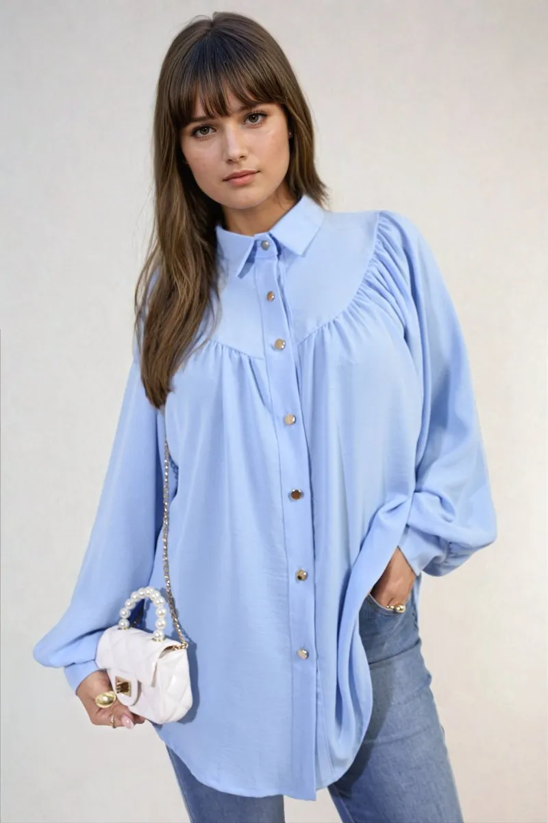 Aiza High Neckline Button Front Balloon Sleeve Top