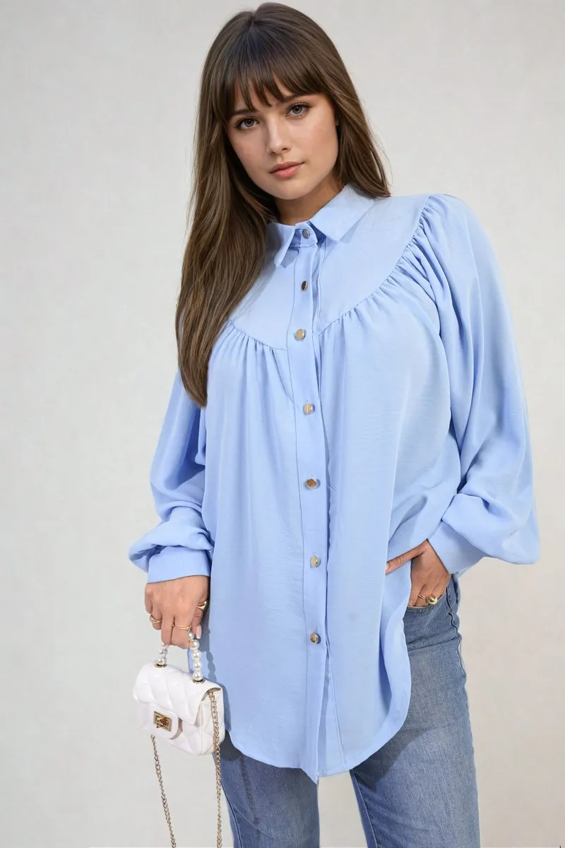 Aiza High Neckline Button Front Balloon Sleeve Top