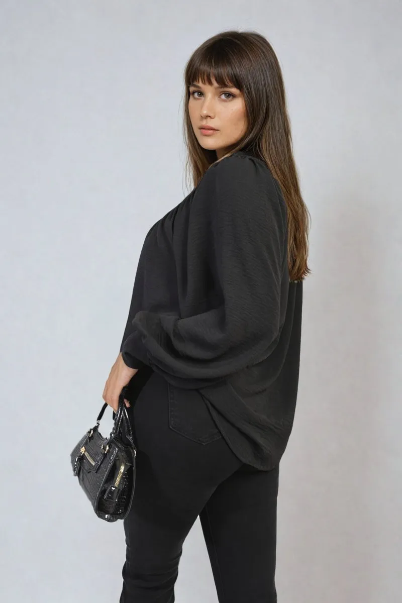 Aiza High Neckline Button Front Balloon Sleeve Top