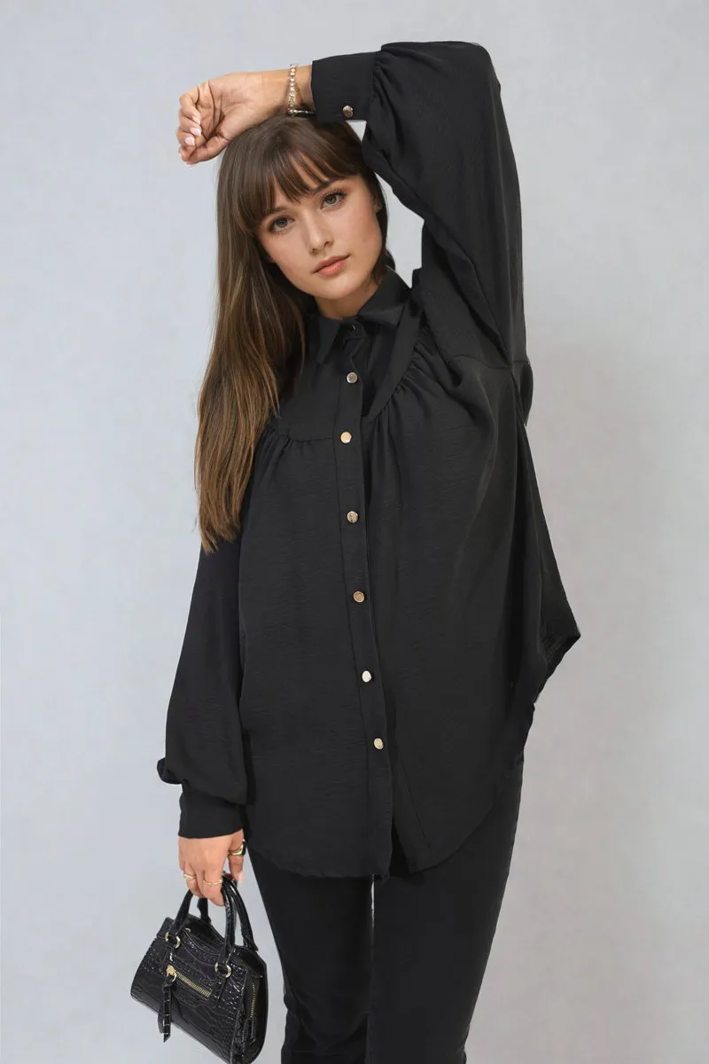 Aiza High Neckline Button Front Balloon Sleeve Top