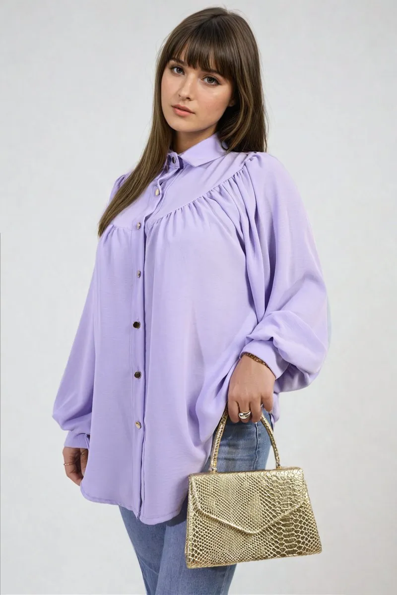 Aiza High Neckline Button Front Balloon Sleeve Top