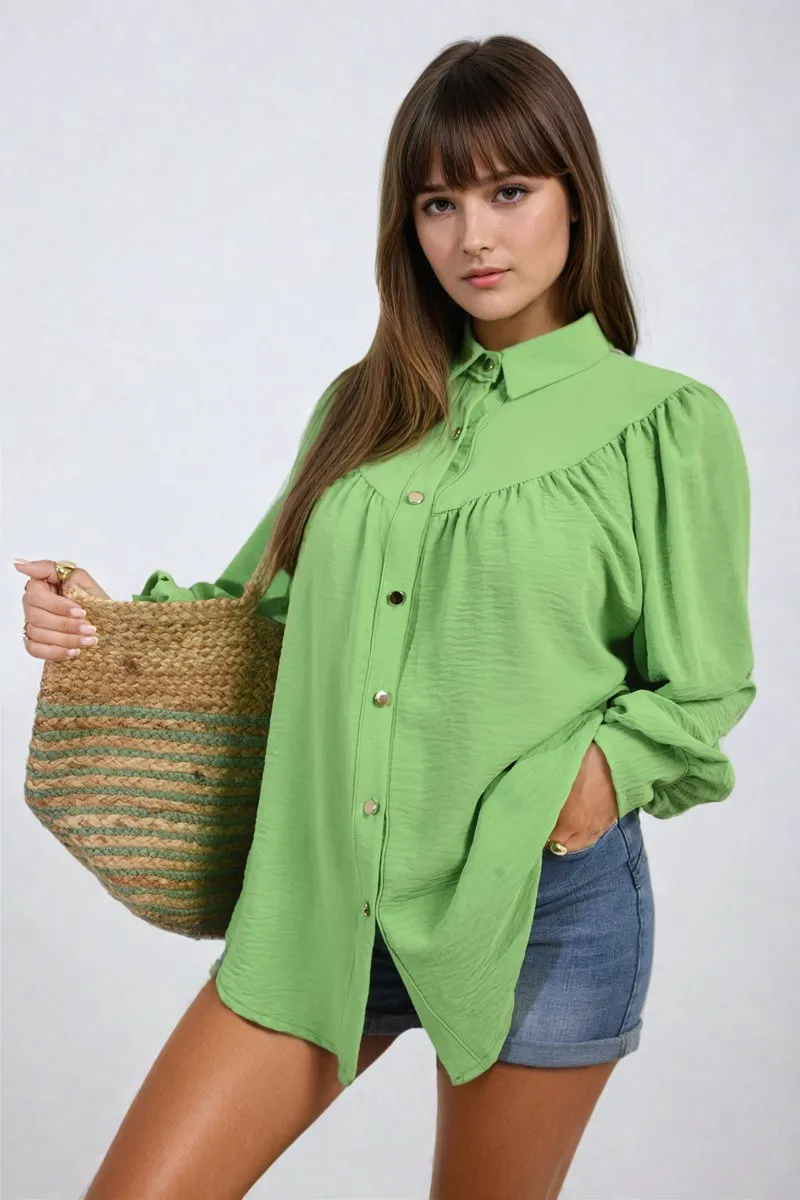 Aiza High Neckline Button Front Balloon Sleeve Top
