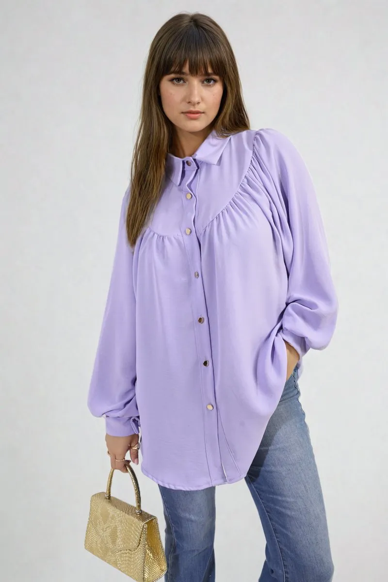 Aiza High Neckline Button Front Balloon Sleeve Top