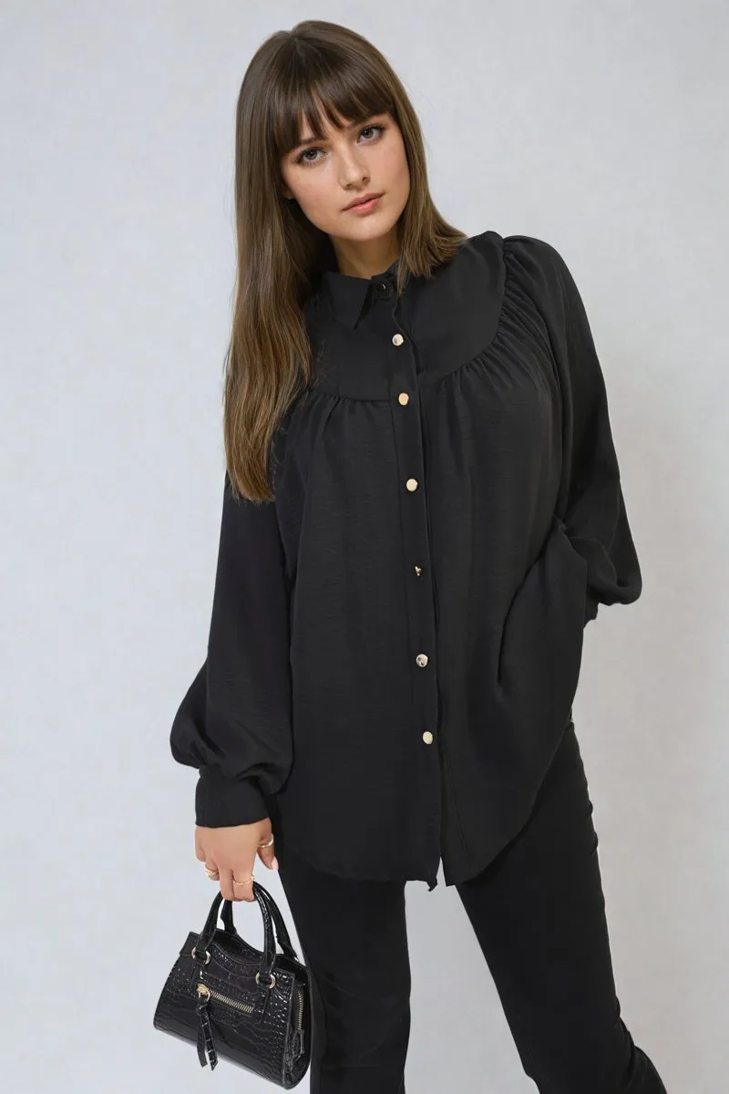 Aiza High Neckline Button Front Balloon Sleeve Top