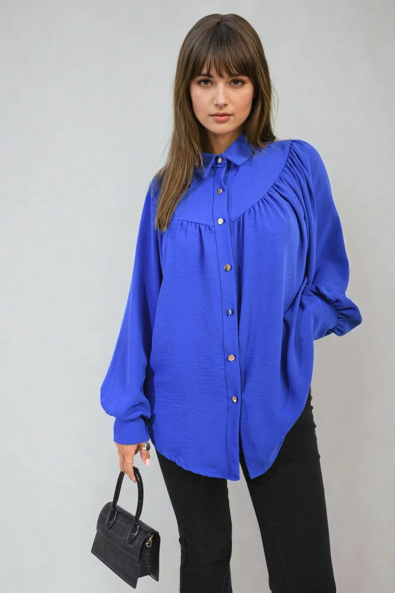 Aiza High Neckline Button Front Balloon Sleeve Top