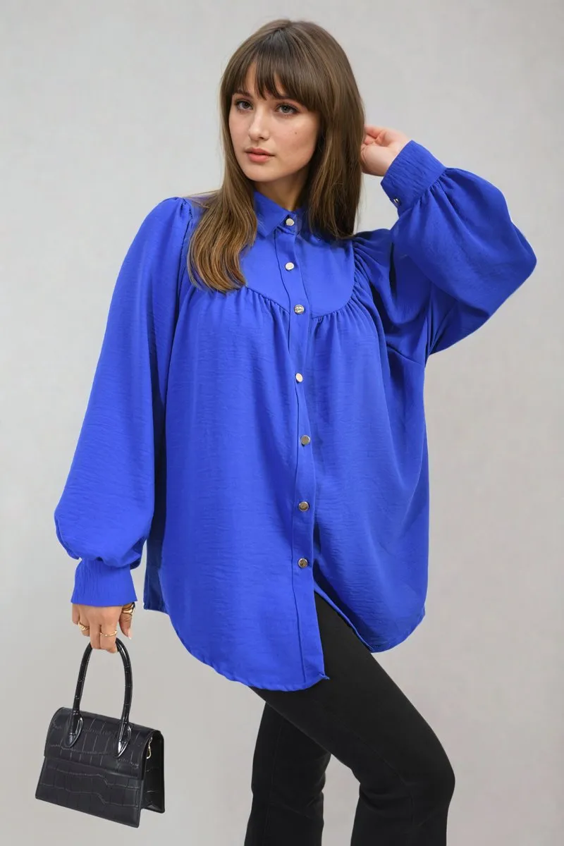 Aiza High Neckline Button Front Balloon Sleeve Top