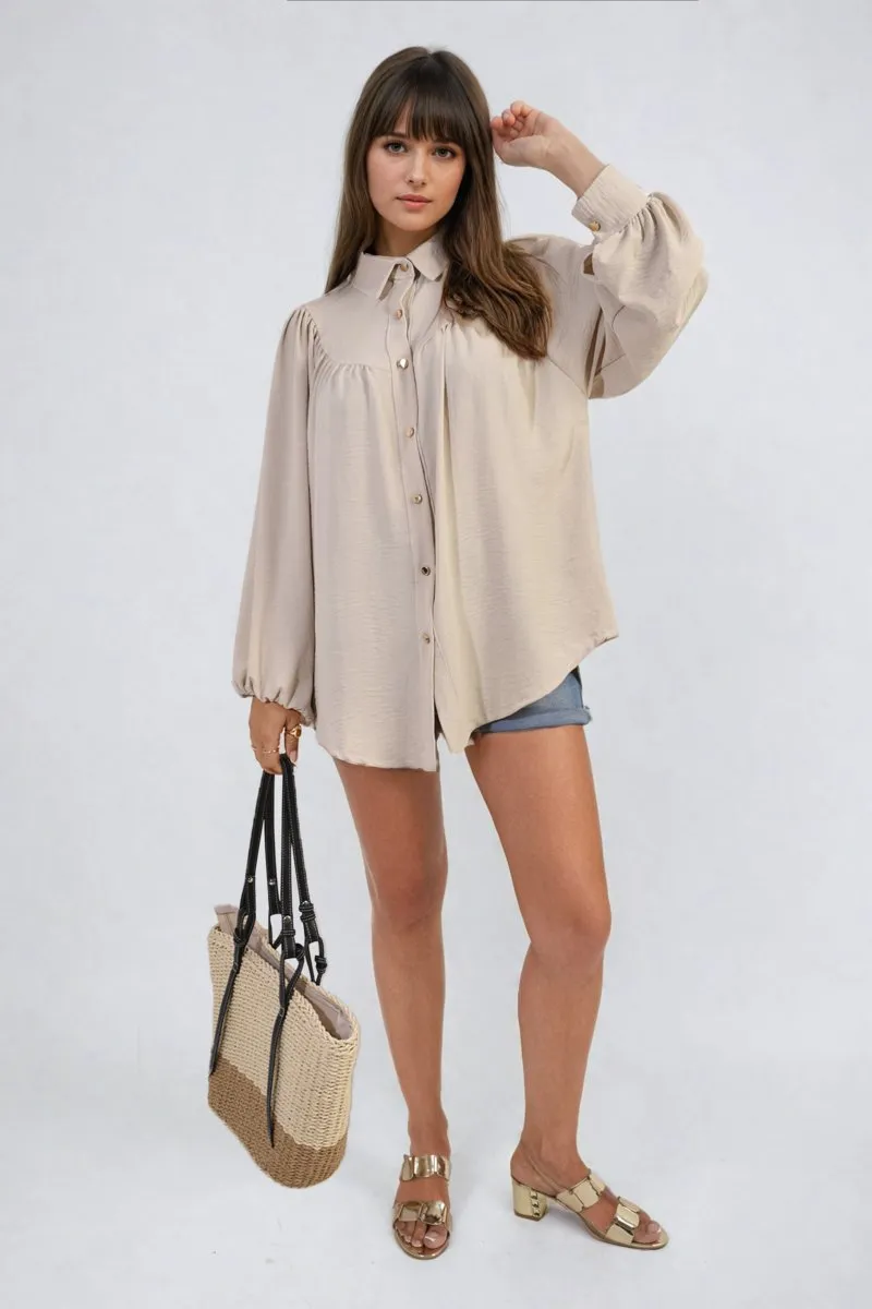 Aiza High Neckline Button Front Balloon Sleeve Top