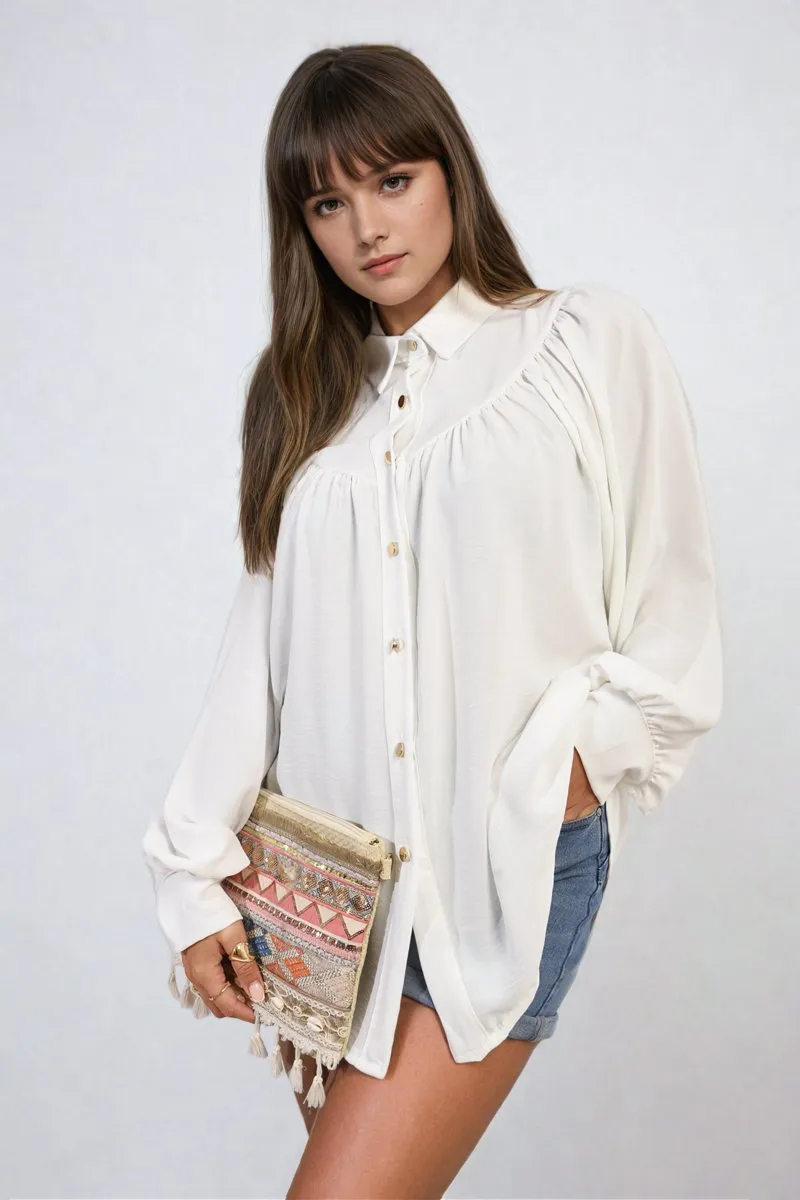 Aiza High Neckline Button Front Balloon Sleeve Top
