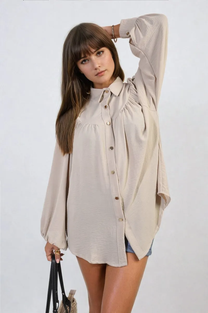 Aiza High Neckline Button Front Balloon Sleeve Top