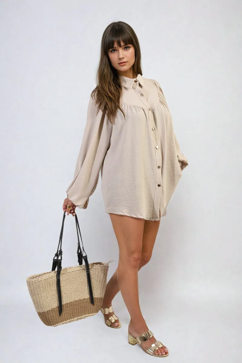 Aiza High Neckline Button Front Balloon Sleeve Top