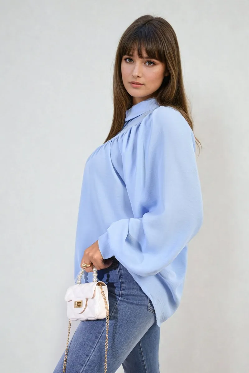 Aiza High Neckline Button Front Balloon Sleeve Top