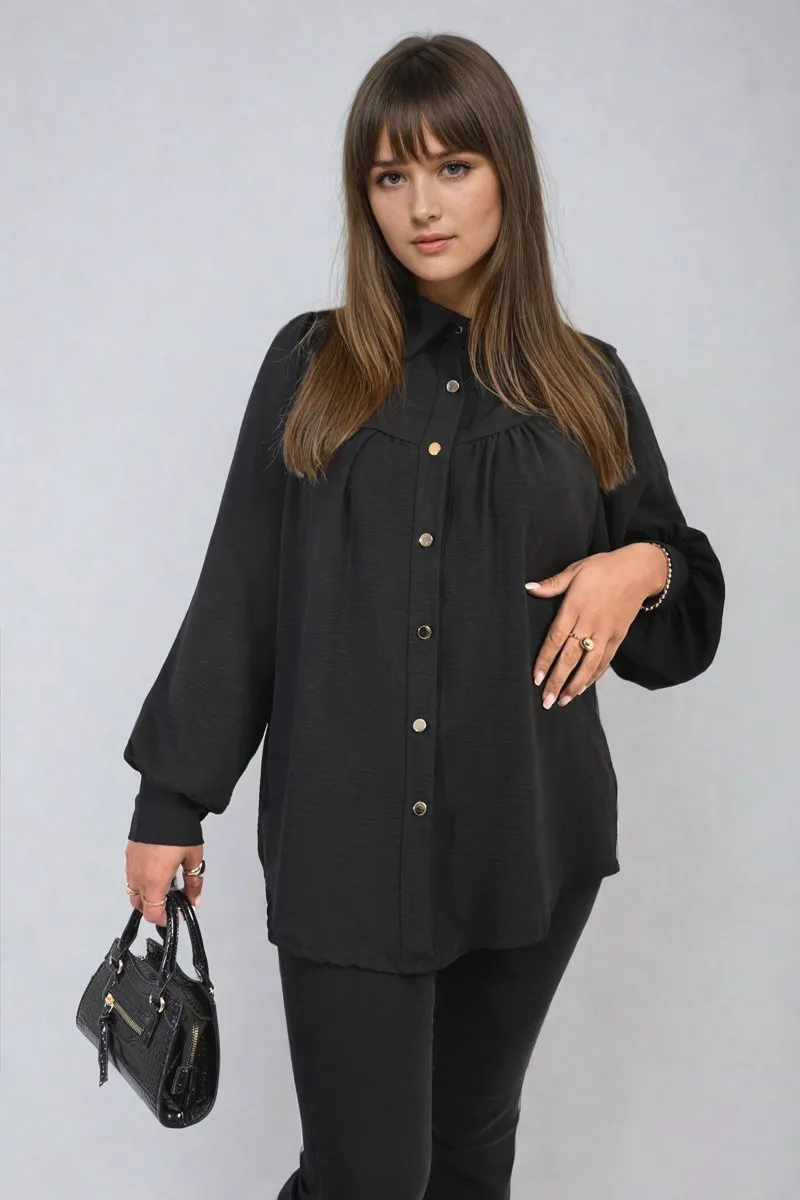 Aiza High Neckline Button Front Balloon Sleeve Top