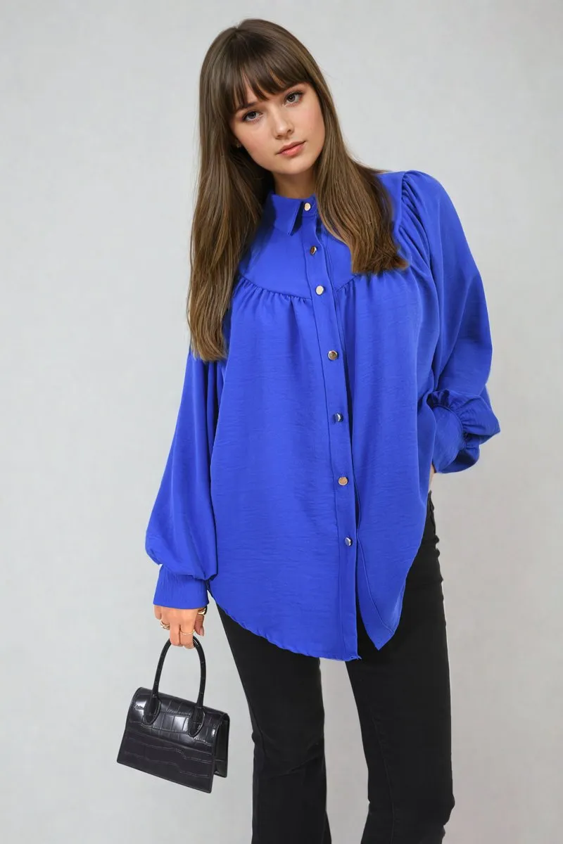 Aiza High Neckline Button Front Balloon Sleeve Top