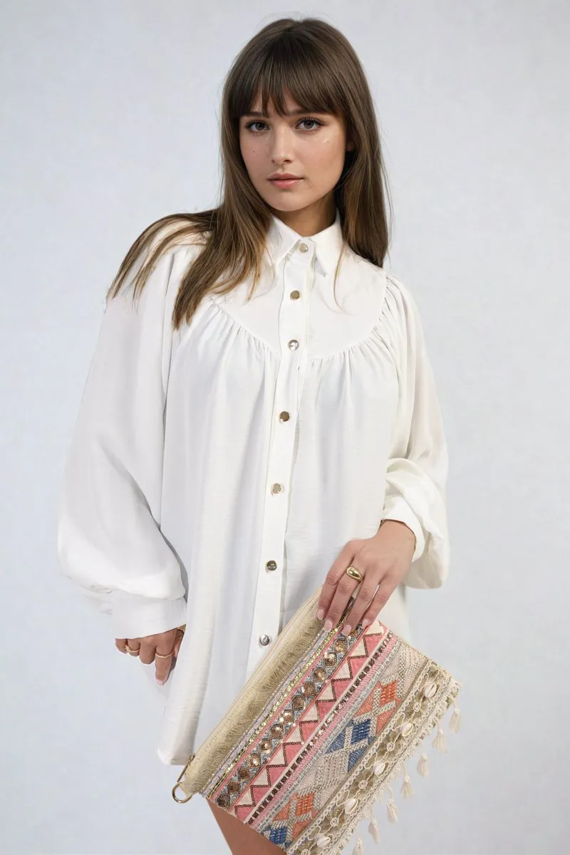 Aiza High Neckline Button Front Balloon Sleeve Top
