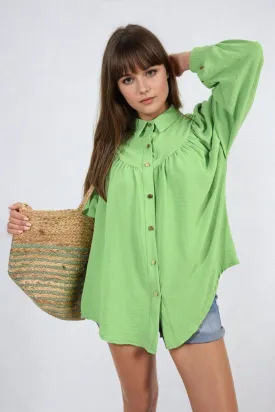 Aiza High Neckline Button Front Balloon Sleeve Top