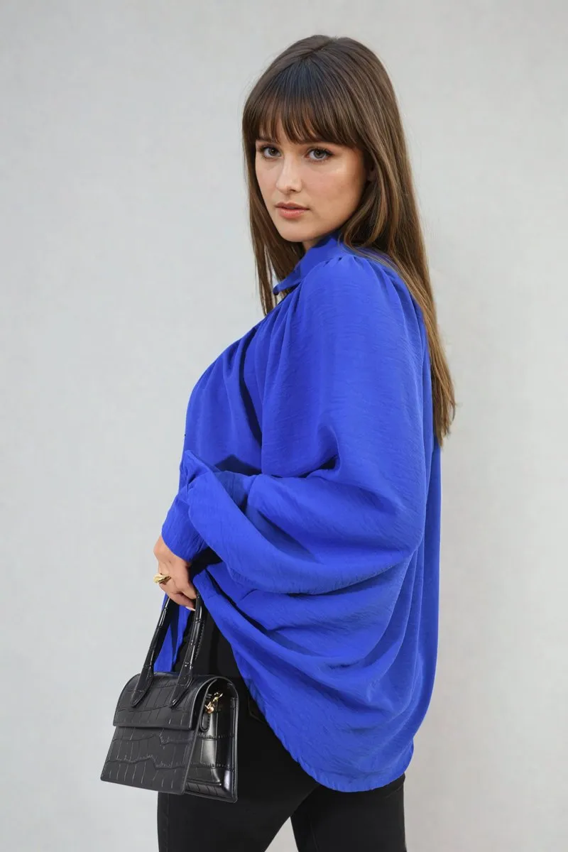 Aiza High Neckline Button Front Balloon Sleeve Top