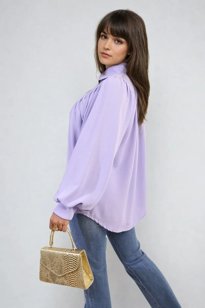 Aiza High Neckline Button Front Balloon Sleeve Top