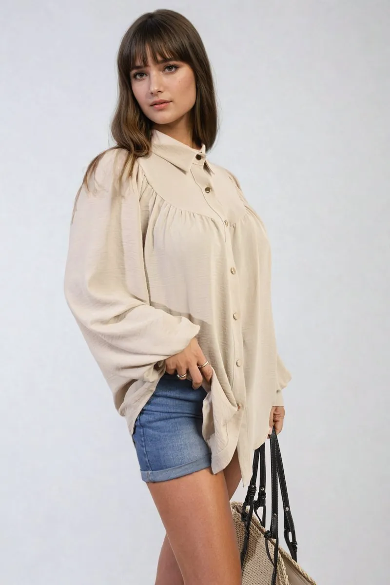 Aiza High Neckline Button Front Balloon Sleeve Top