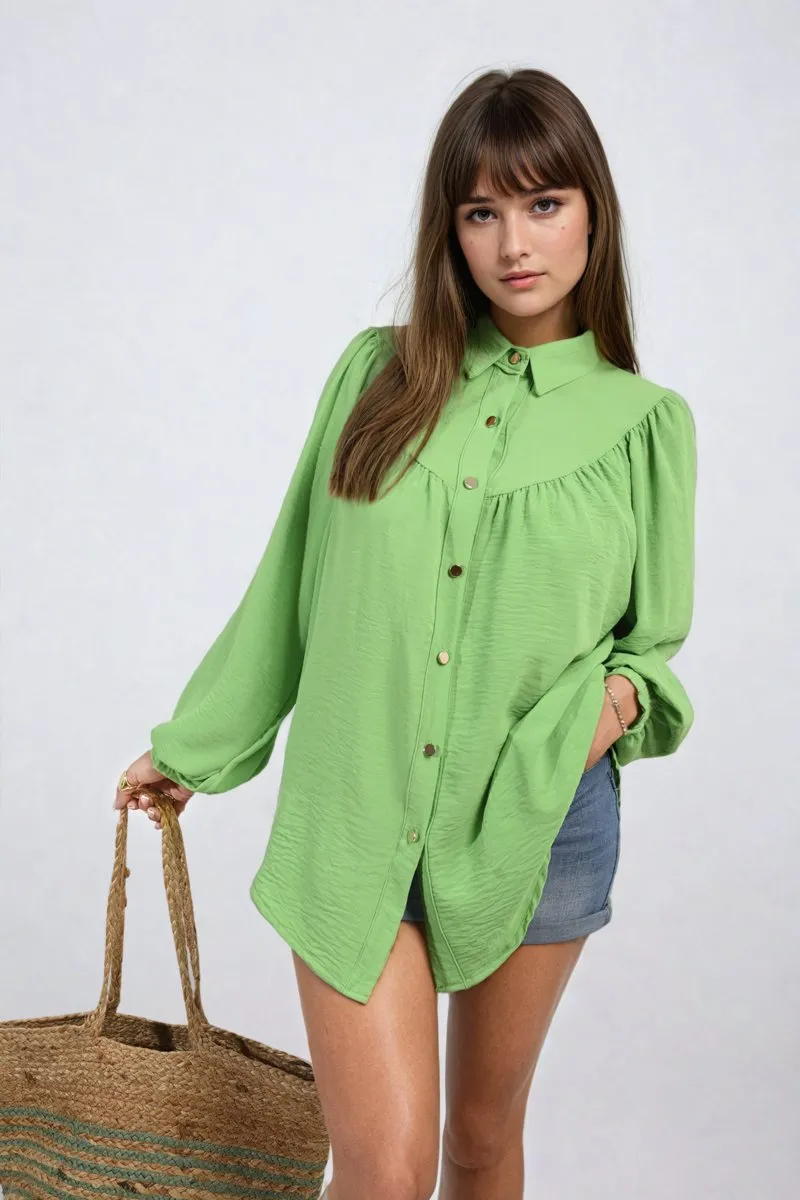 Aiza High Neckline Button Front Balloon Sleeve Top
