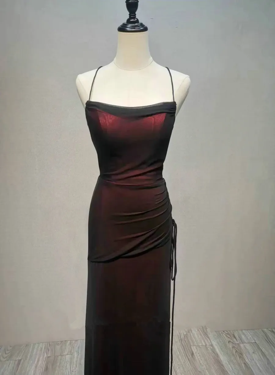 Black And Red Long Formal Dress, Black Straps Prom Dress Party Dress