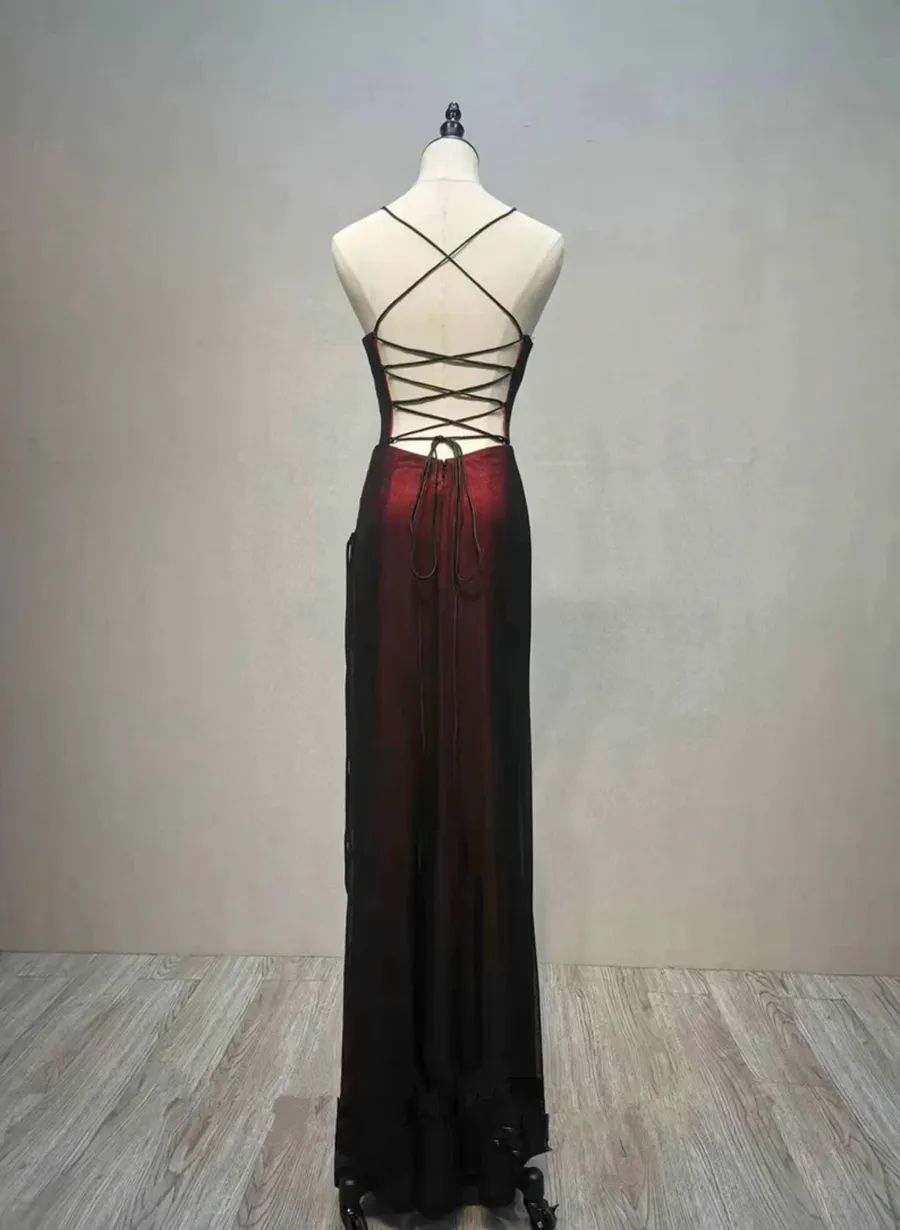 Black And Red Long Formal Dress, Black Straps Prom Dress Party Dress