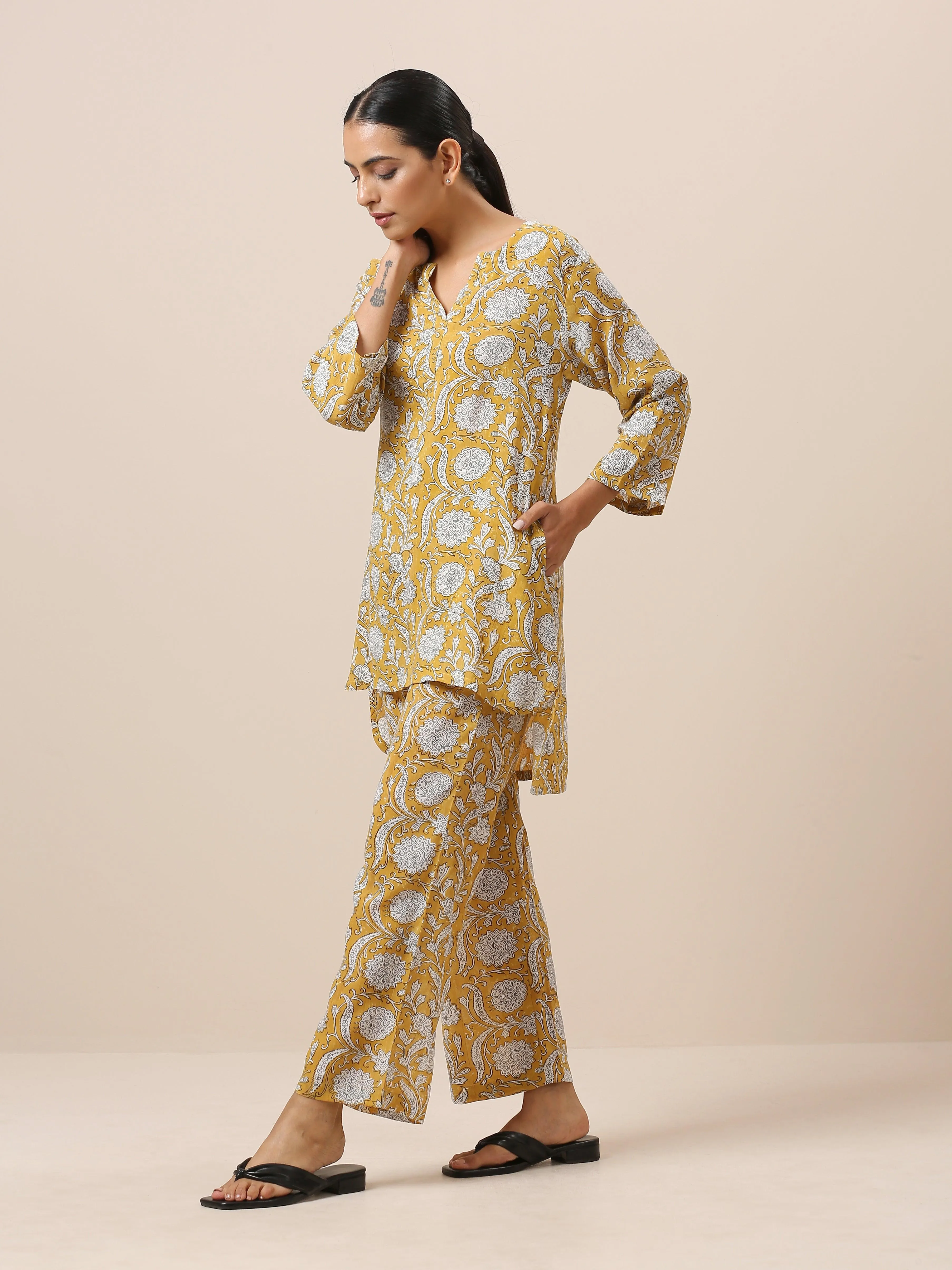 Cotton Hand Block Printed Yellow Co-Ord Set