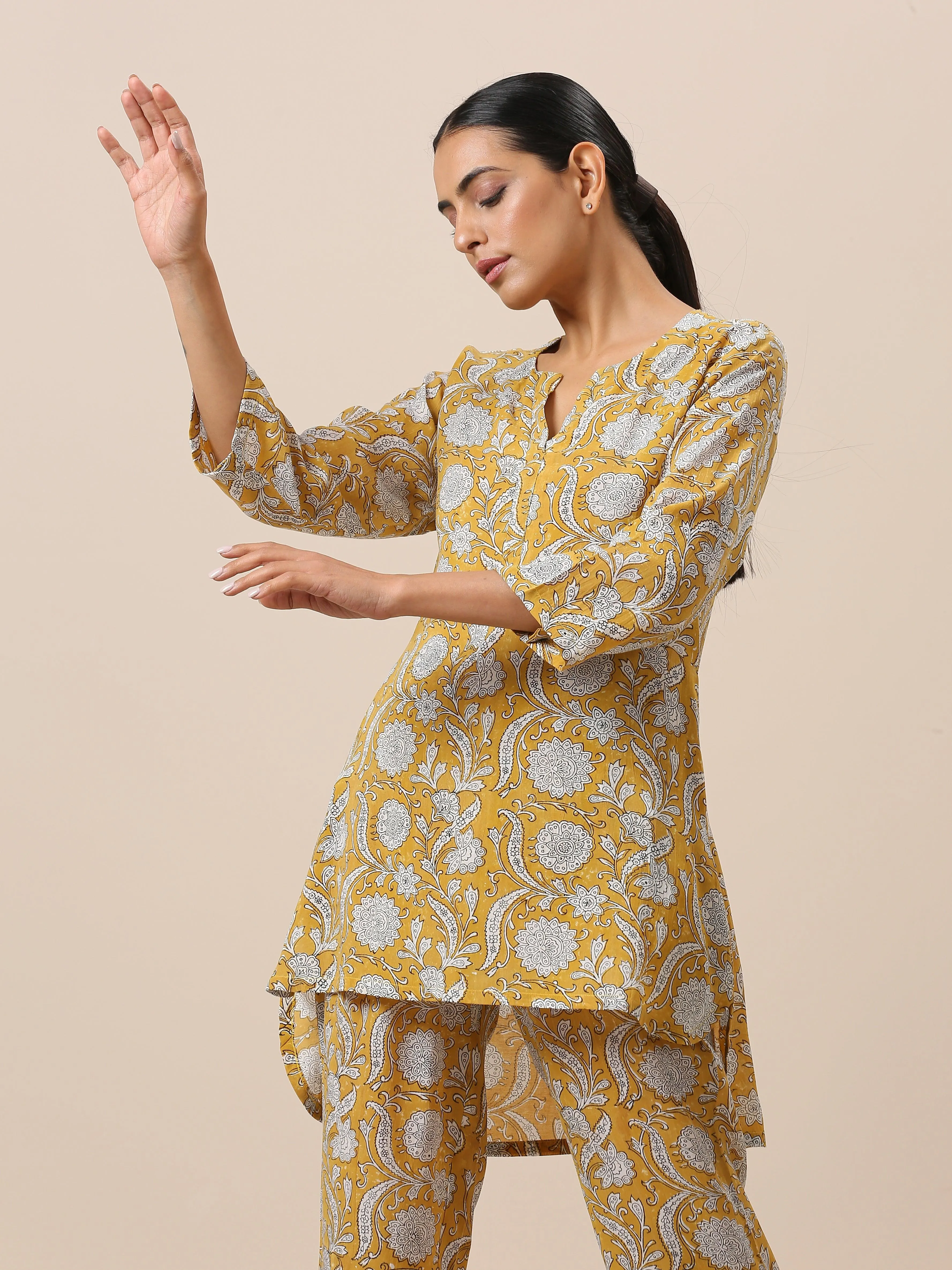 Cotton Hand Block Printed Yellow Co-Ord Set