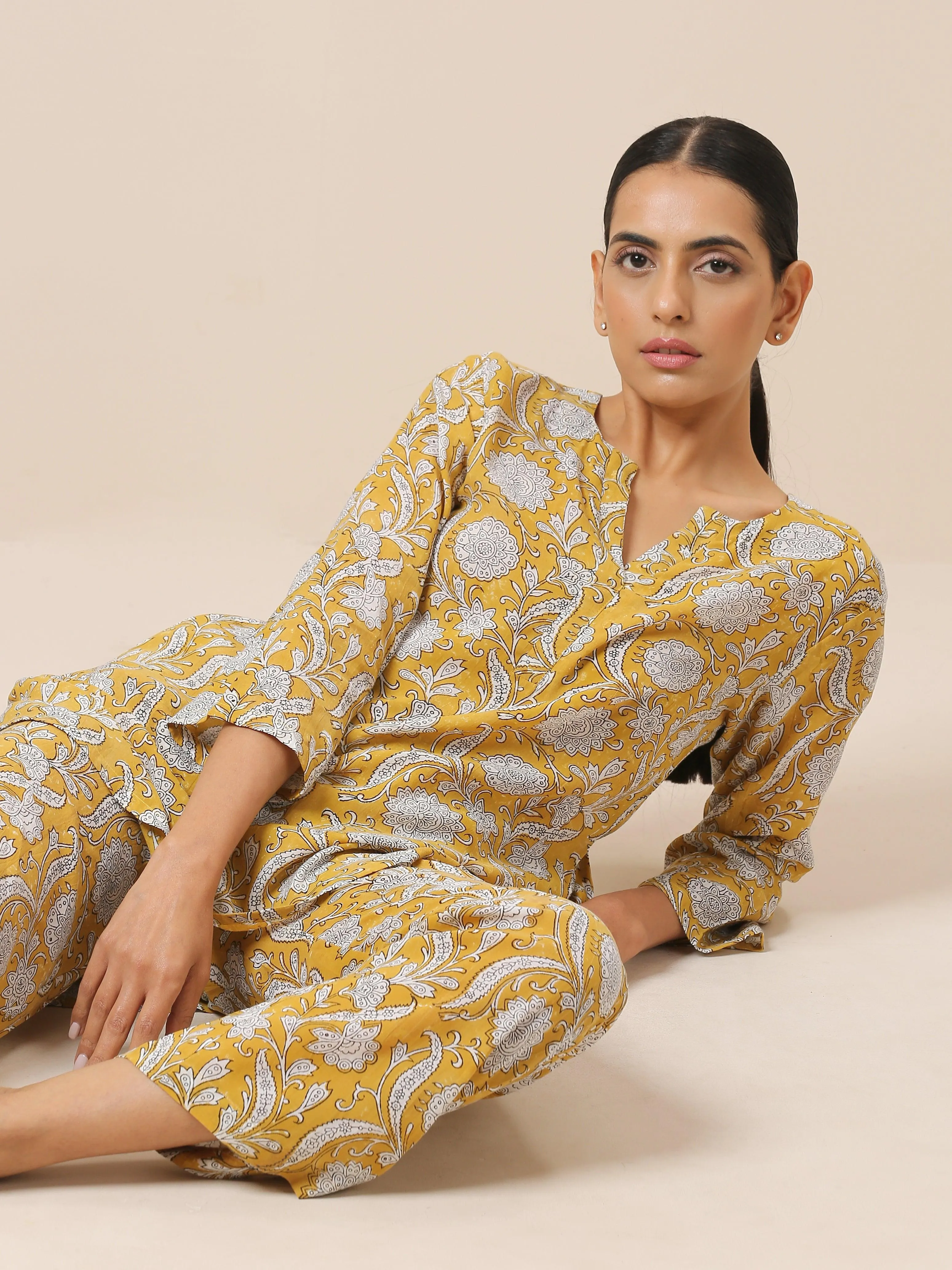 Cotton Hand Block Printed Yellow Co-Ord Set