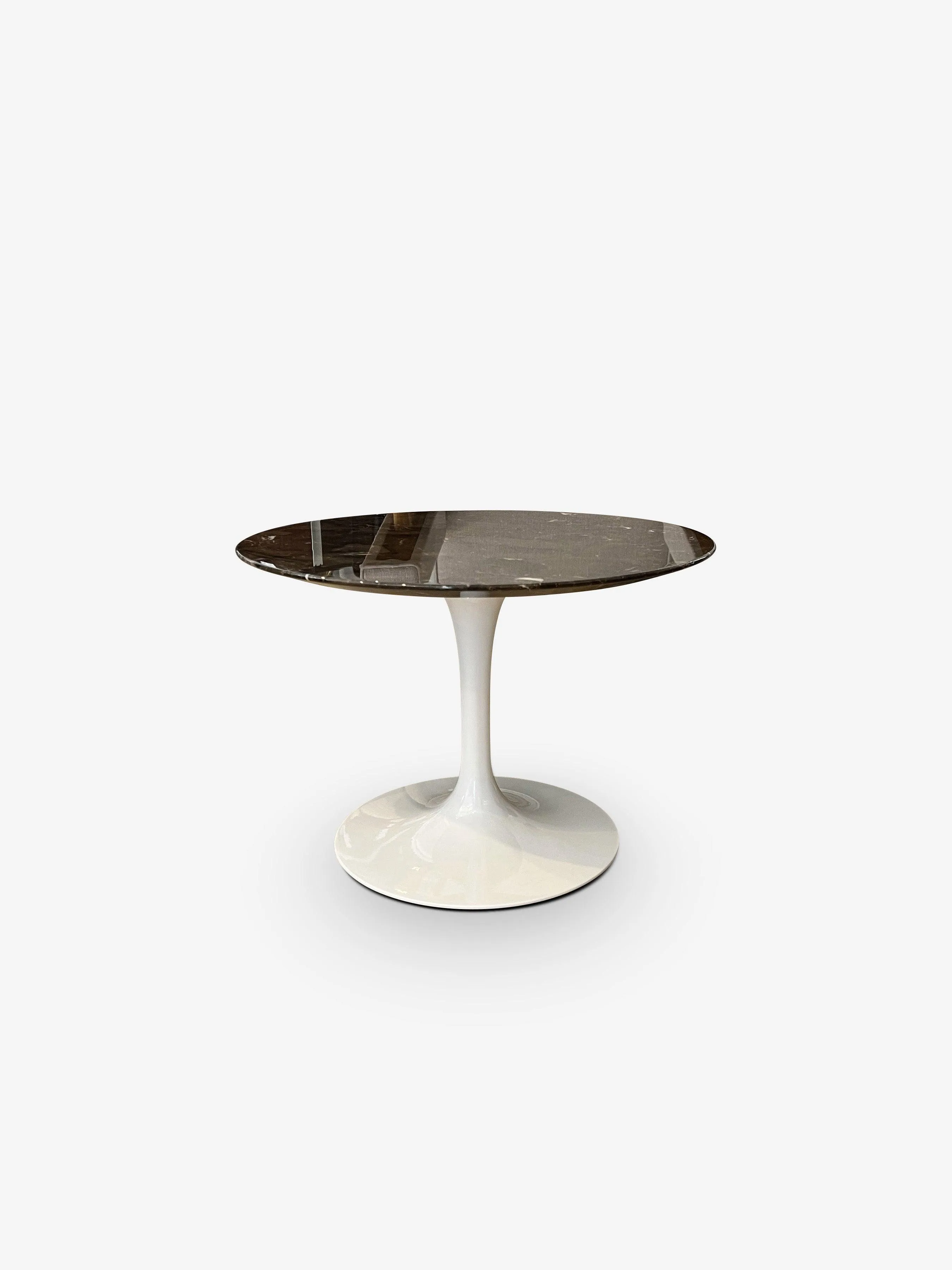 Eero Saarinen Small Round Coffee Table with Espresso Marble Top & White Base by Knoll