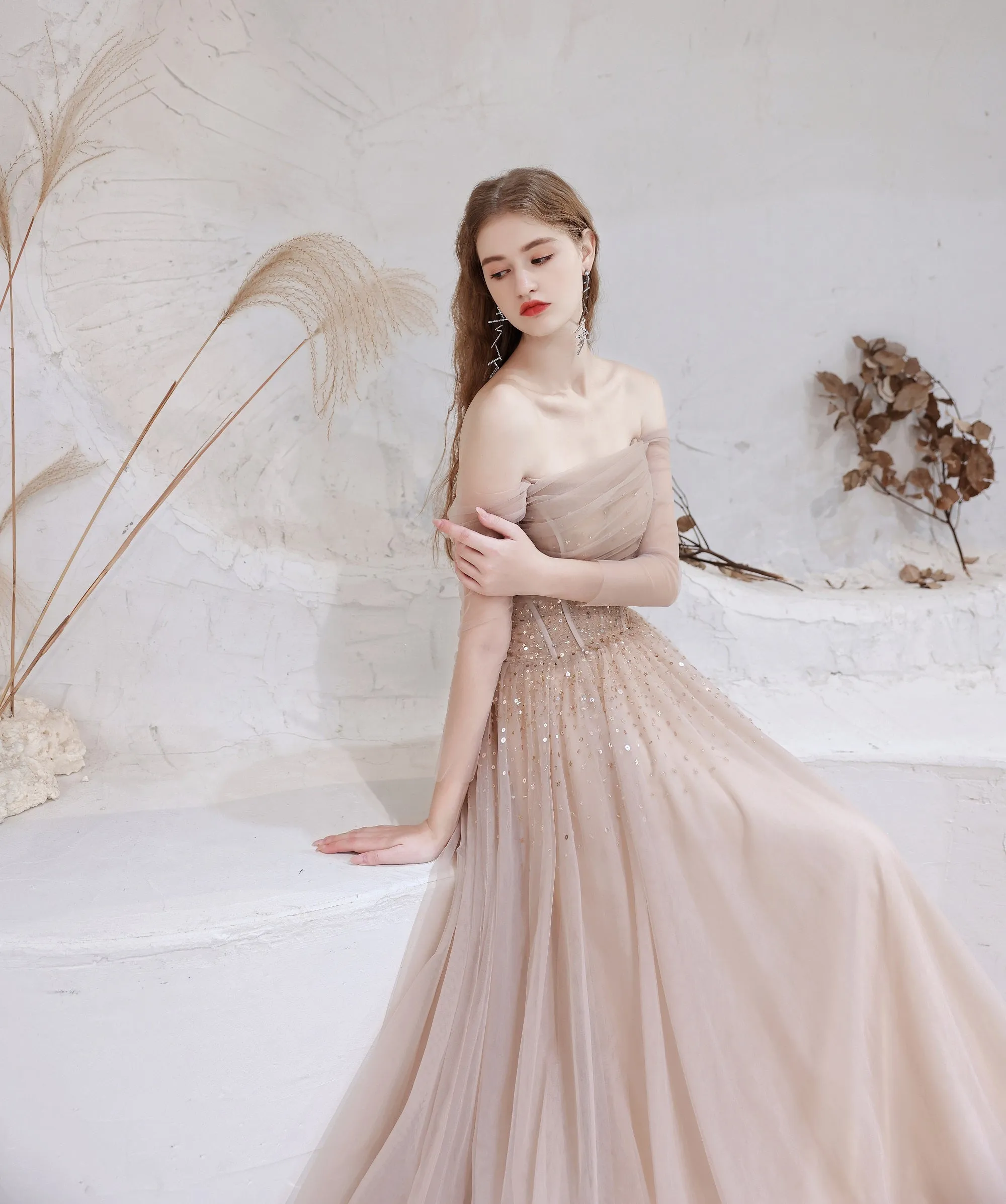 Evening Dress Nude Color A Line Bateau Neck Floor Length Sequins Formal Party Dresses Pageant Dress