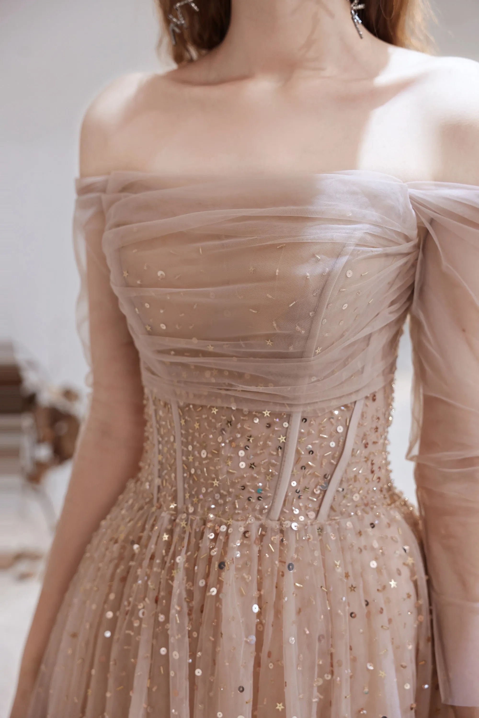 Evening Dress Nude Color A Line Bateau Neck Floor Length Sequins Formal Party Dresses Pageant Dress