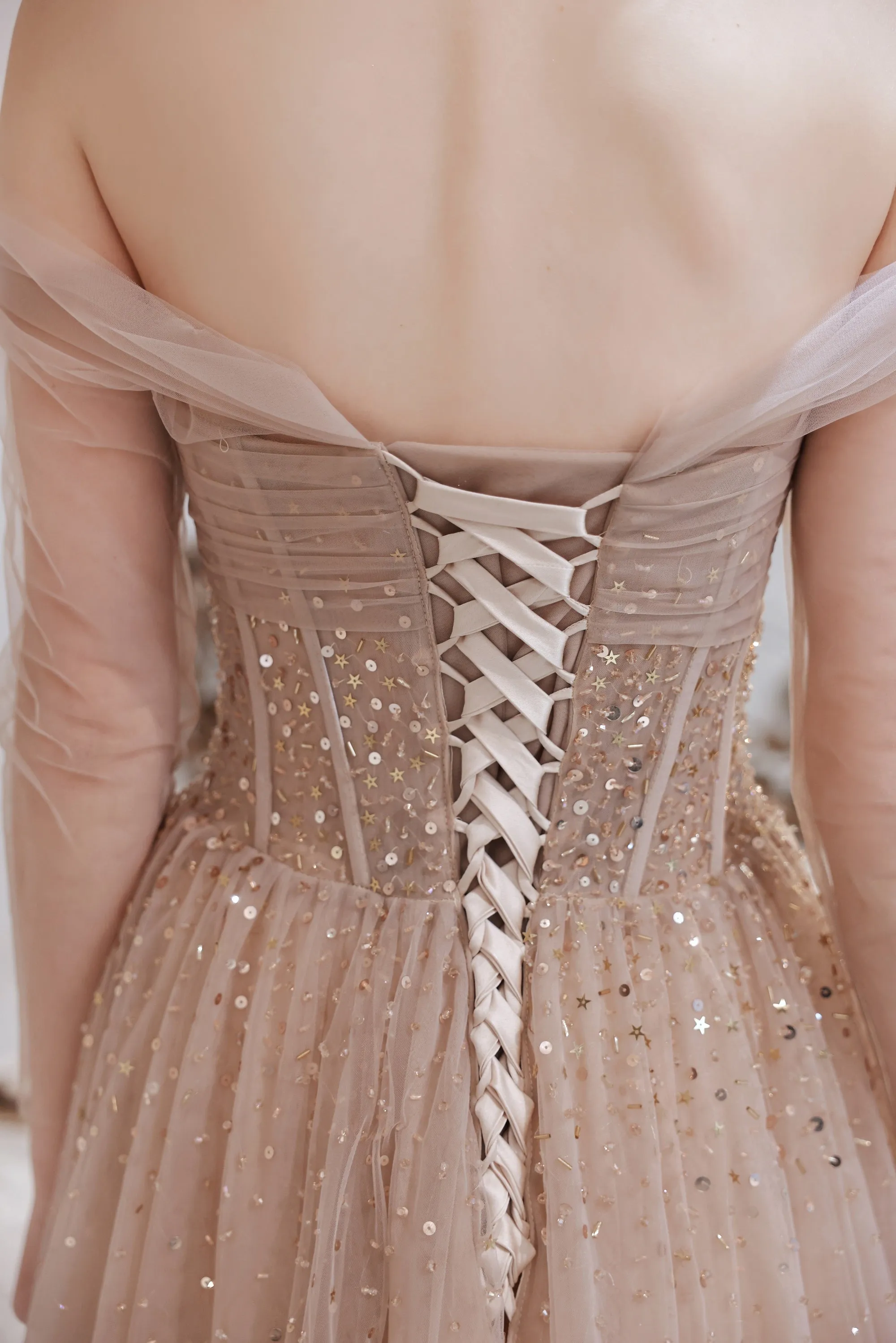 Evening Dress Nude Color A Line Bateau Neck Floor Length Sequins Formal Party Dresses Pageant Dress