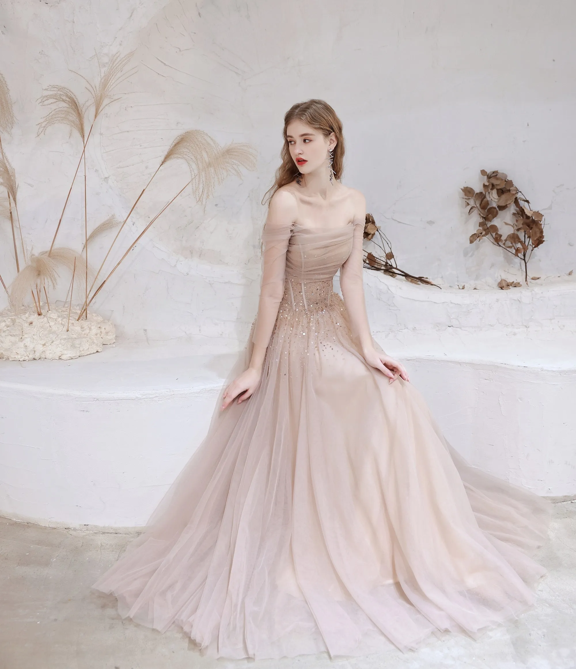Evening Dress Nude Color A Line Bateau Neck Floor Length Sequins Formal Party Dresses Pageant Dress