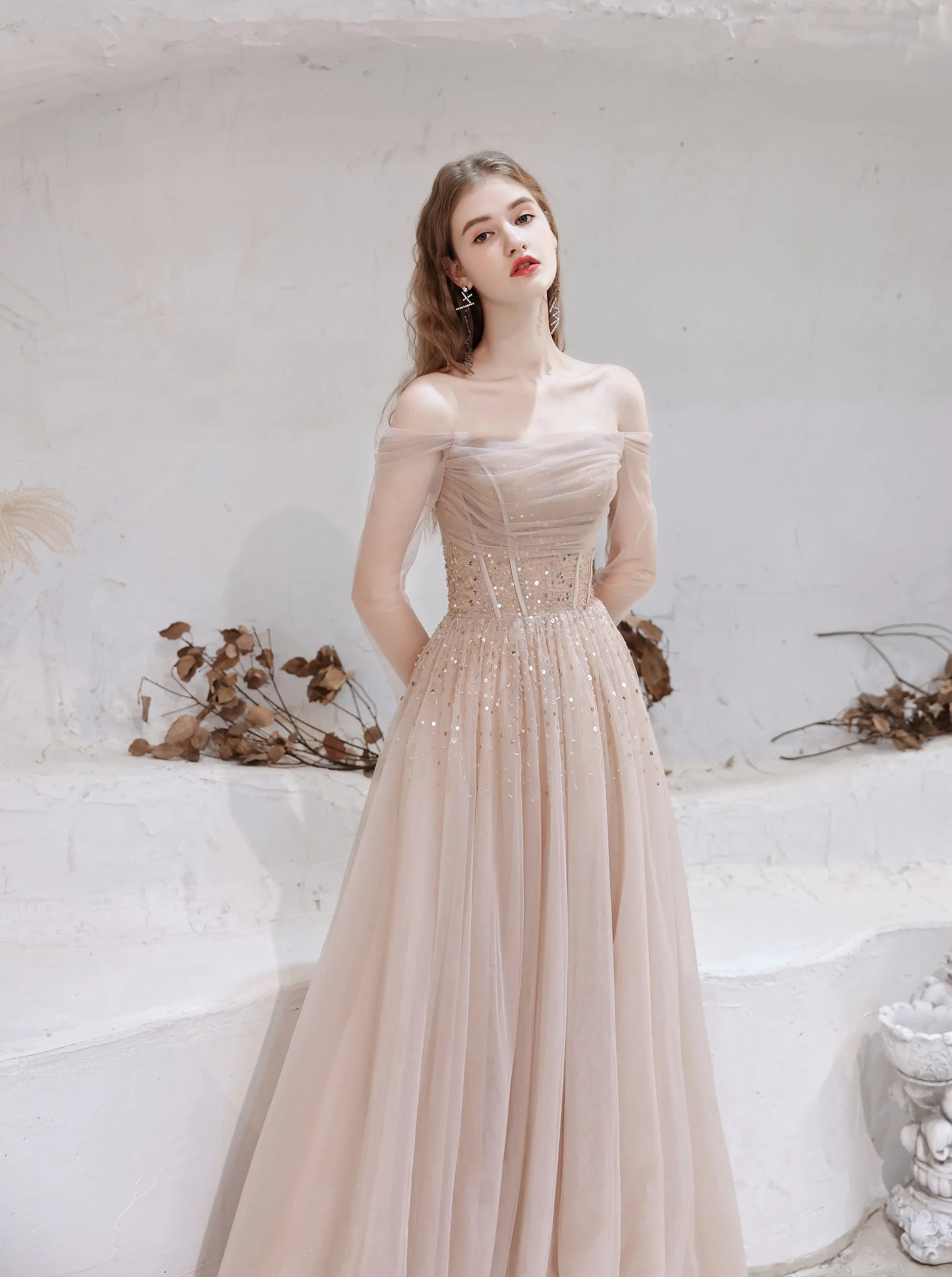 Evening Dress Nude Color A Line Bateau Neck Floor Length Sequins Formal Party Dresses Pageant Dress