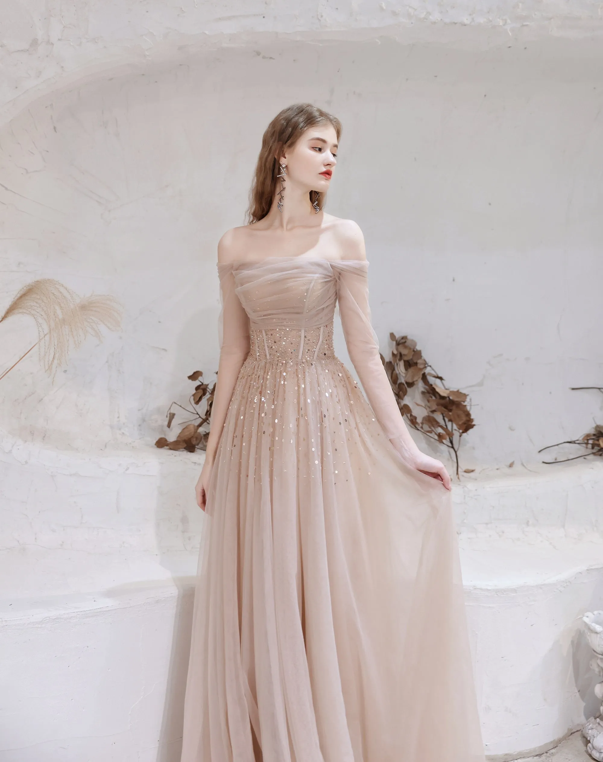 Evening Dress Nude Color A Line Bateau Neck Floor Length Sequins Formal Party Dresses Pageant Dress