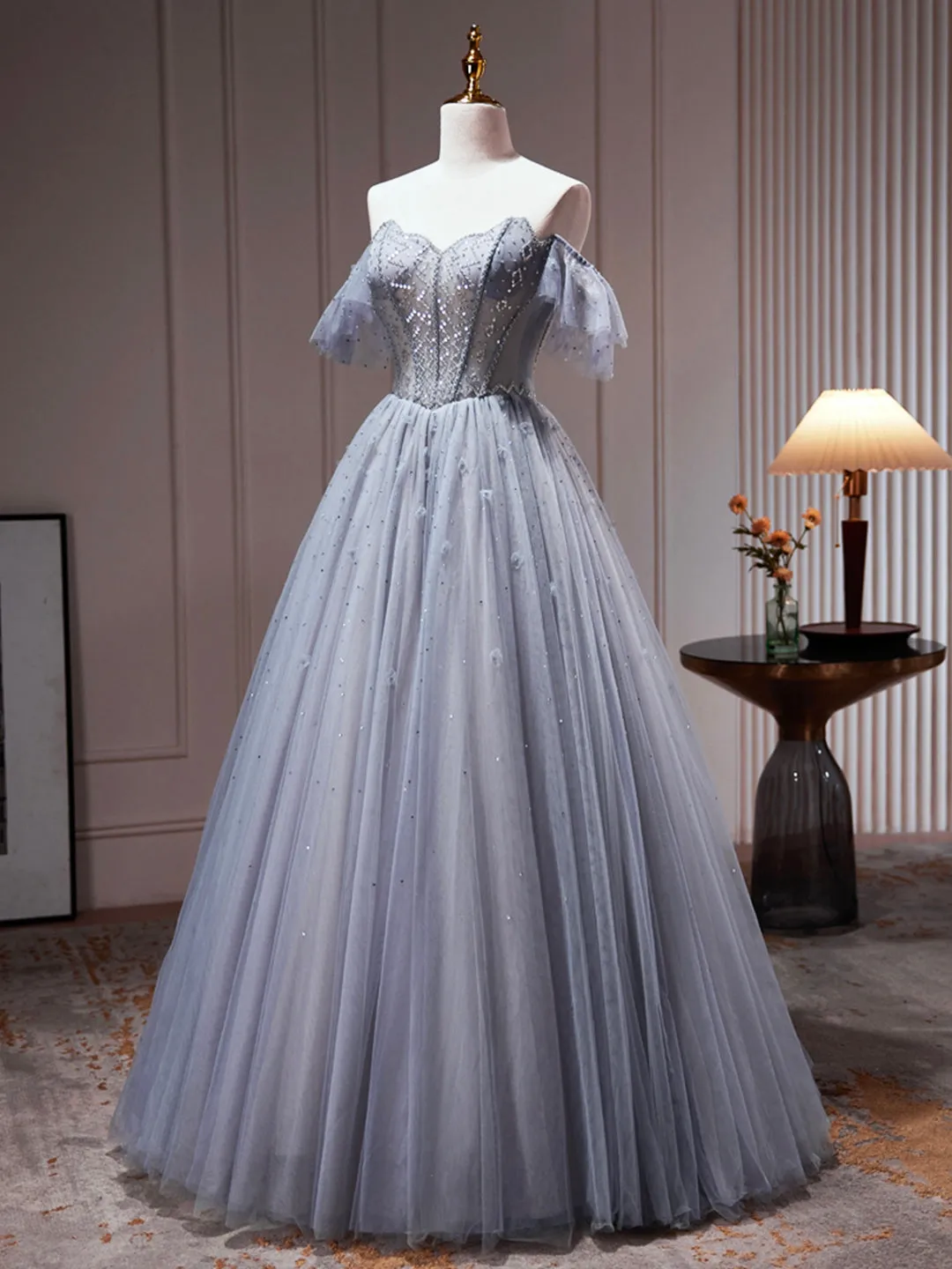 Gray Tulle Off Shoulder Beaded Party Dress A-Line Tulle Formal Dress Prom Dress
