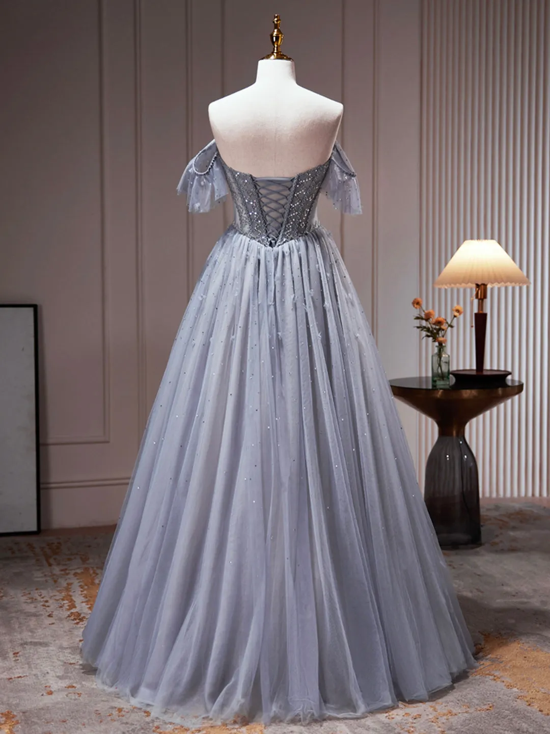 Gray Tulle Off Shoulder Beaded Party Dress A-Line Tulle Formal Dress Prom Dress
