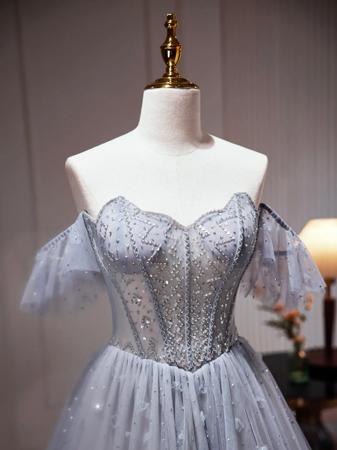 Gray Tulle Off Shoulder Beaded Party Dress A-Line Tulle Formal Dress Prom Dress