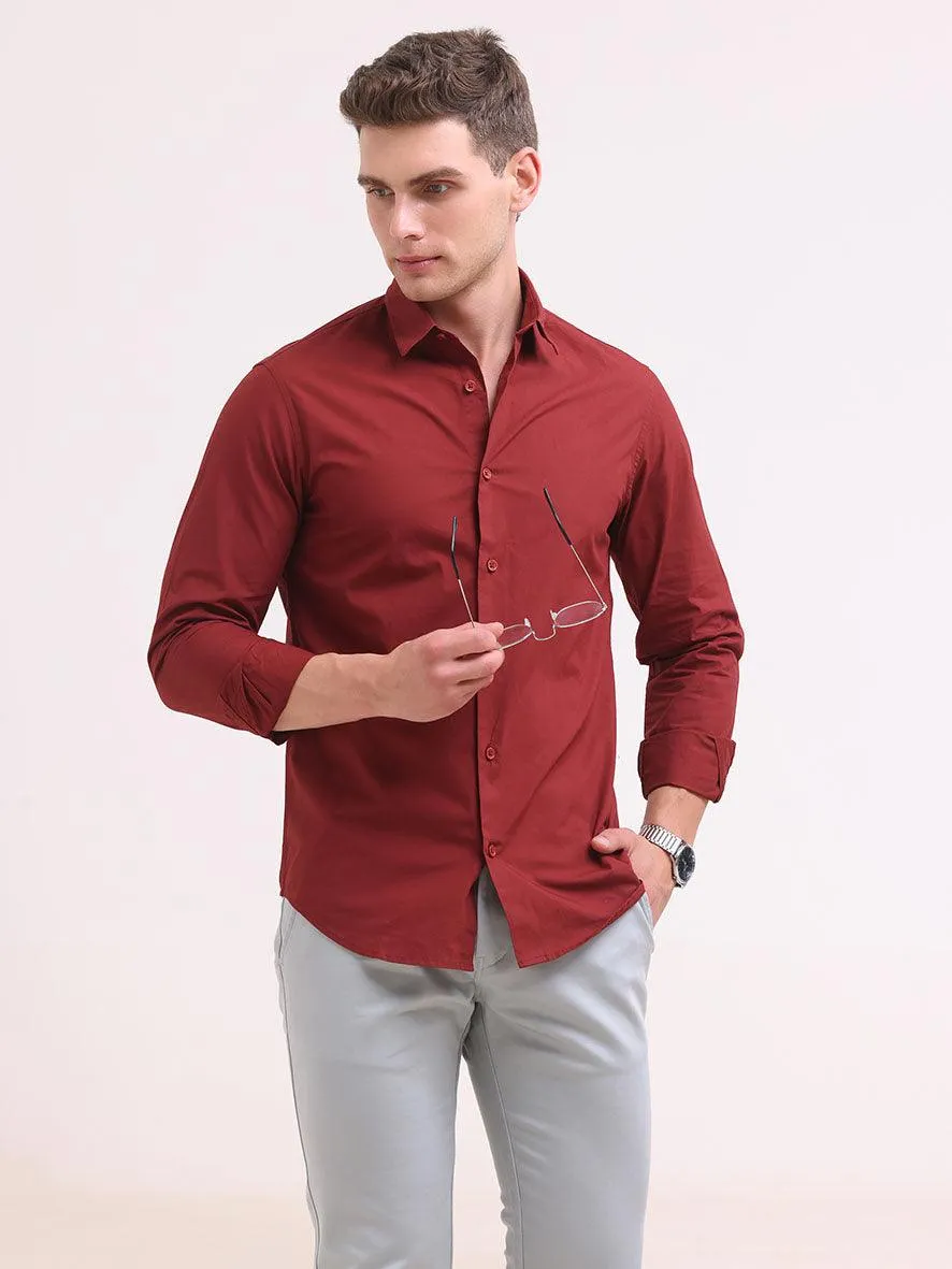 Orchida Plain Full Sleeve Poplin Shirt Maroon