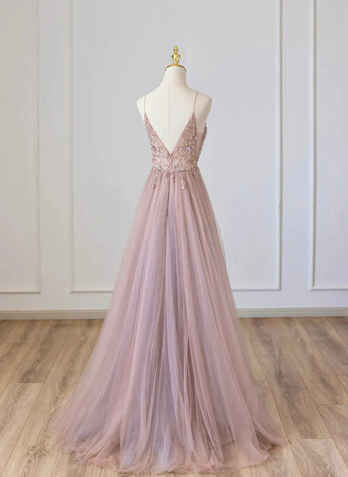 Pink V-neckline Beaded Straps Floor Length Party Dress, Pink Long Formal Dress