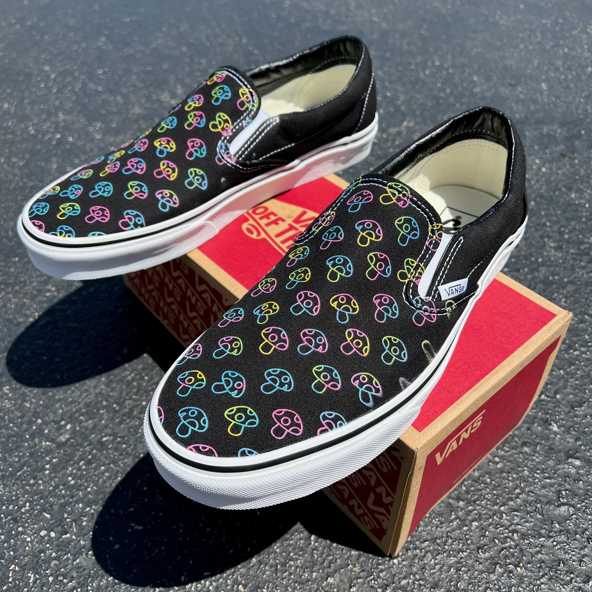 Rave Trippy Mushroom Shoes - Custom Vans Black Slip On Shoes
