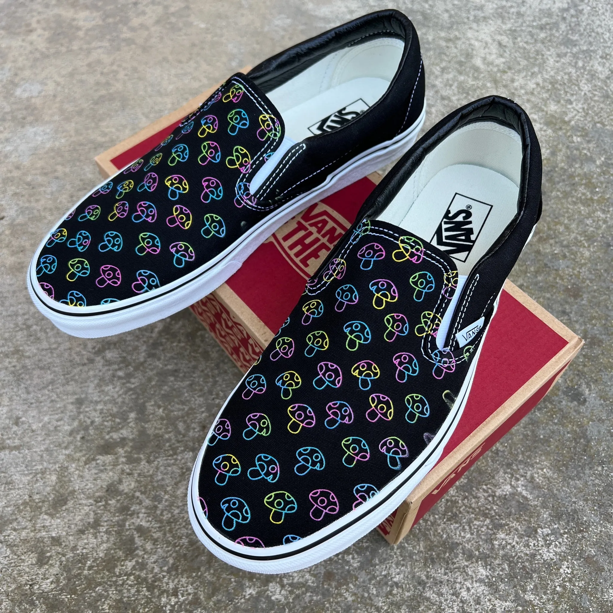 Rave Trippy Mushroom Shoes - Custom Vans Black Slip On Shoes