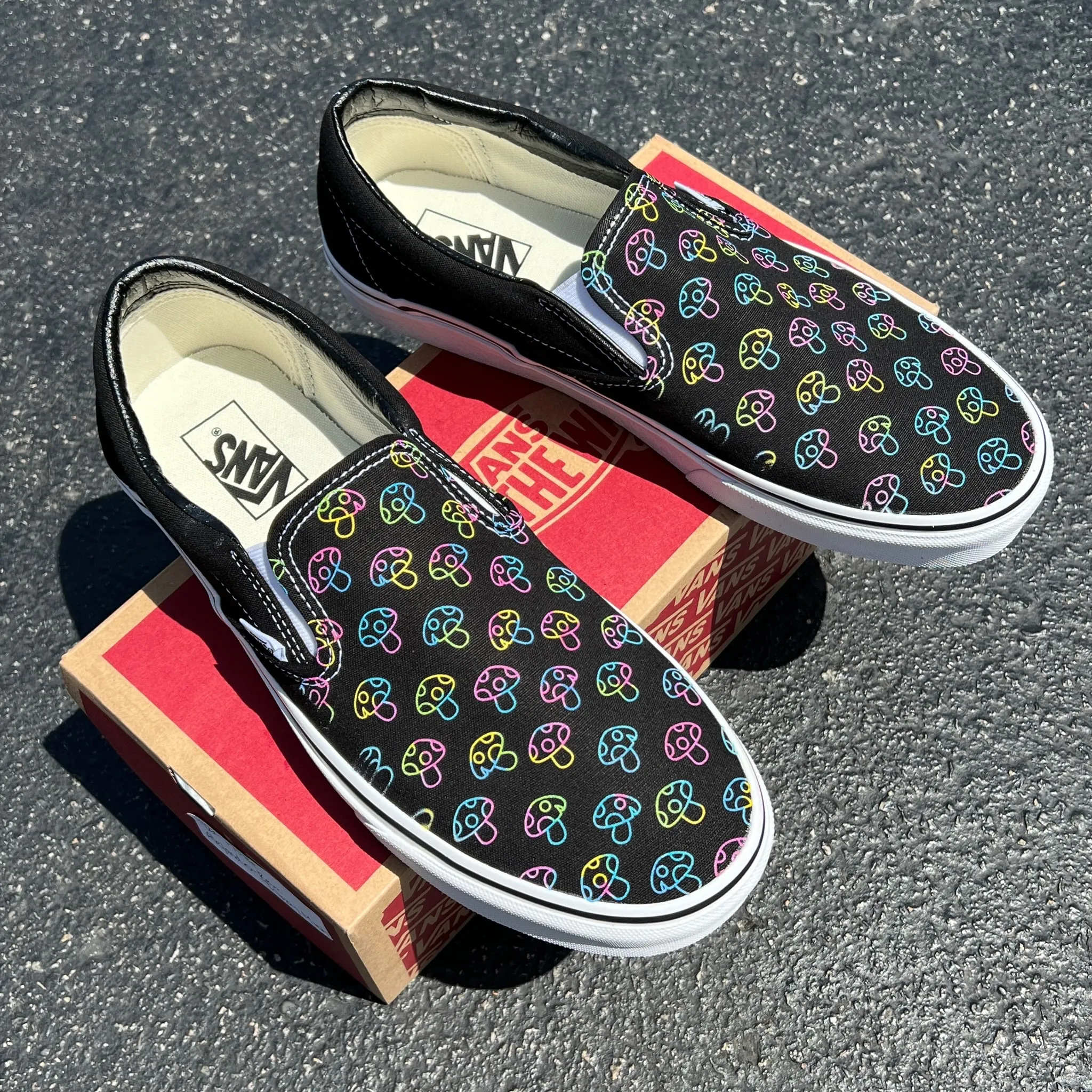 Rave Trippy Mushroom Shoes - Custom Vans Black Slip On Shoes