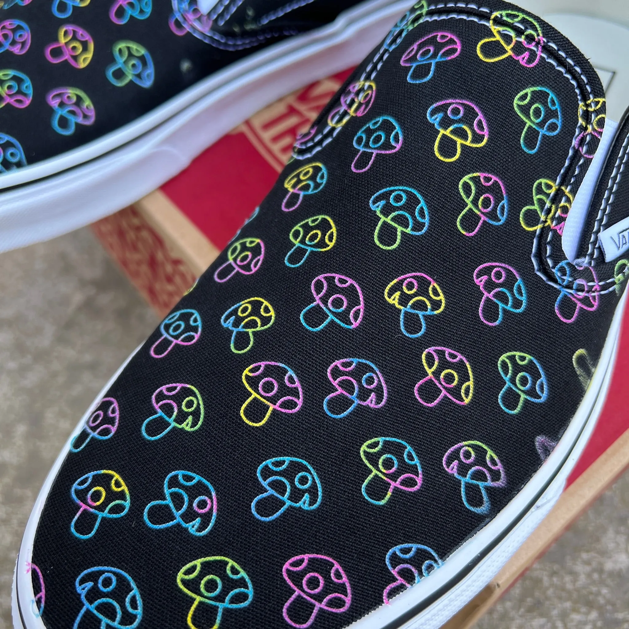 Rave Trippy Mushroom Shoes - Custom Vans Black Slip On Shoes