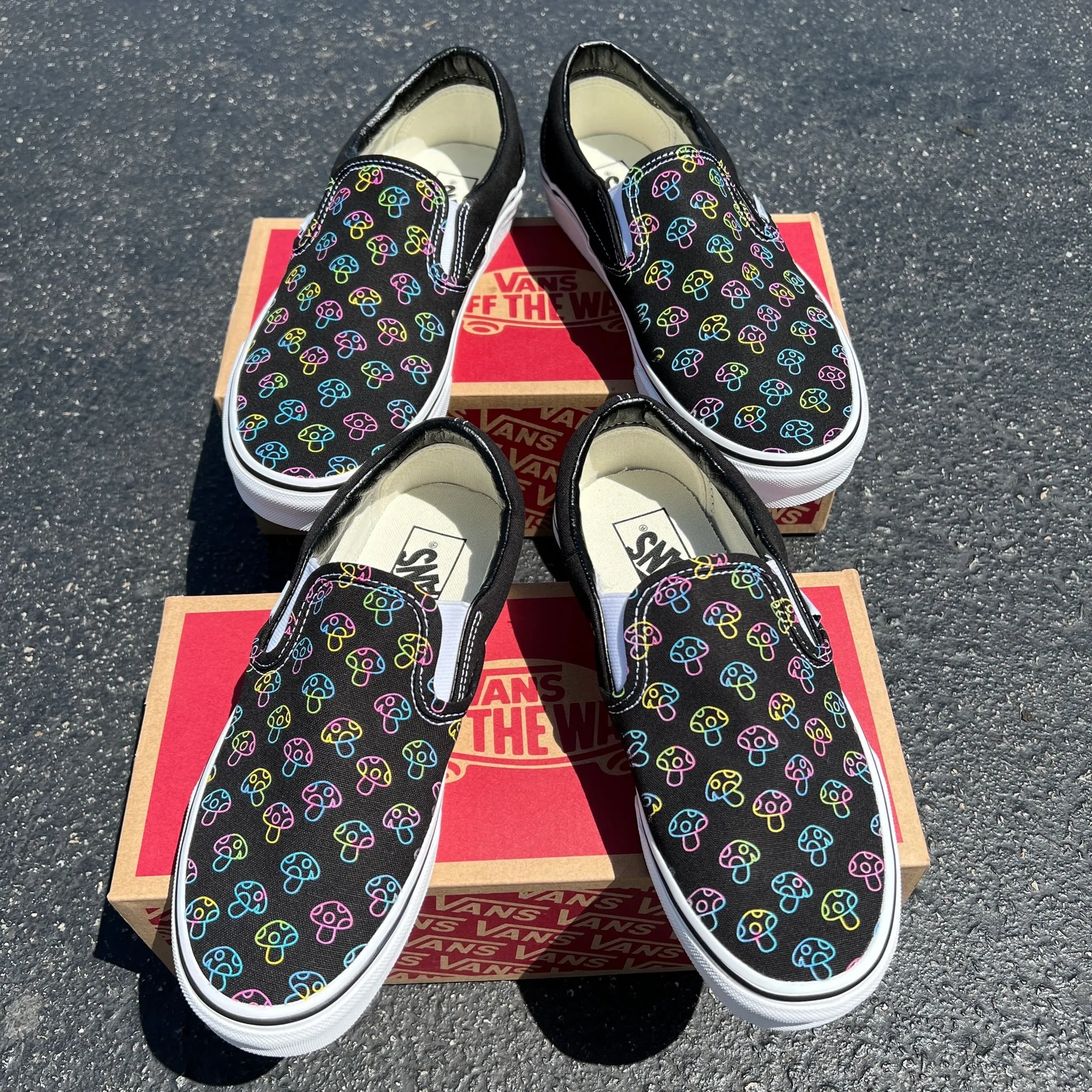 Rave Trippy Mushroom Shoes - Custom Vans Black Slip On Shoes