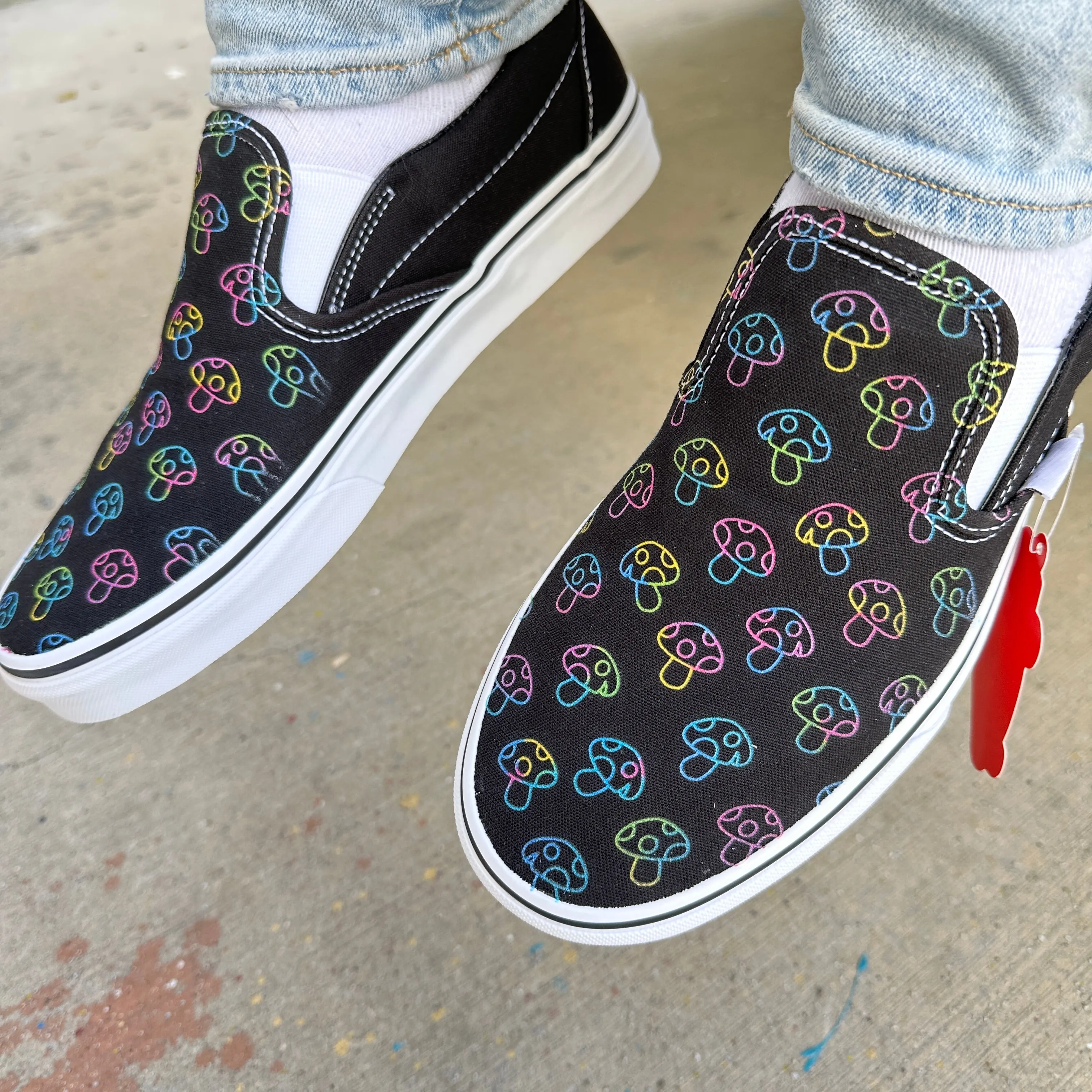 Rave Trippy Mushroom Shoes - Custom Vans Black Slip On Shoes