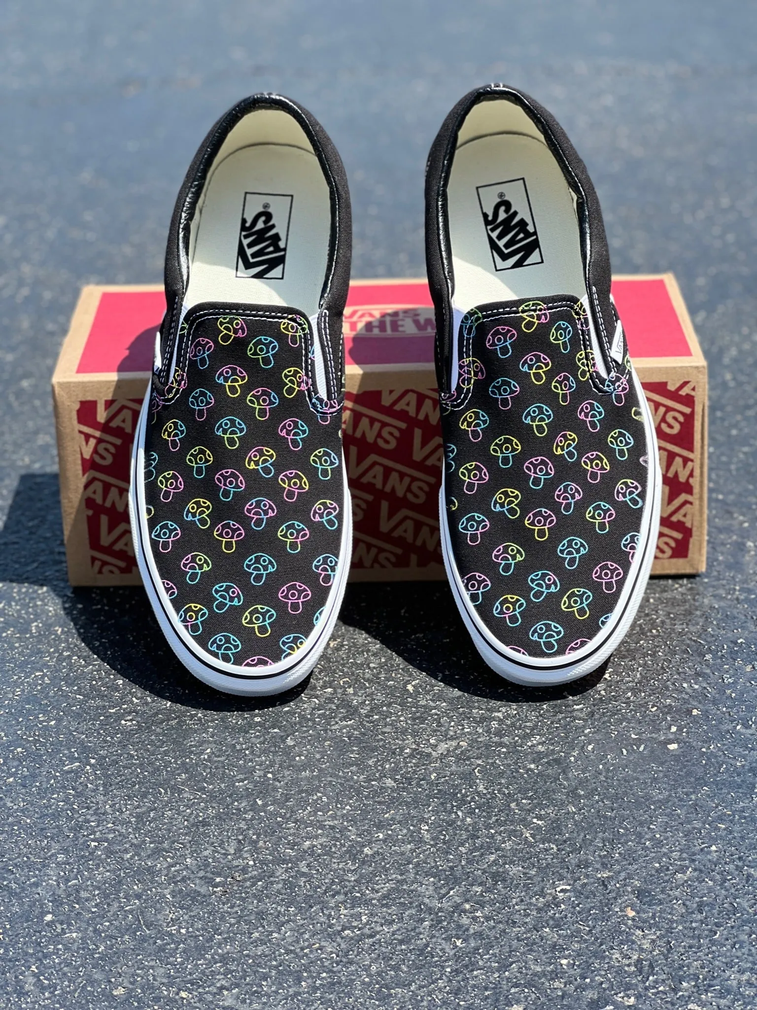 Rave Trippy Mushroom Shoes - Custom Vans Black Slip On Shoes