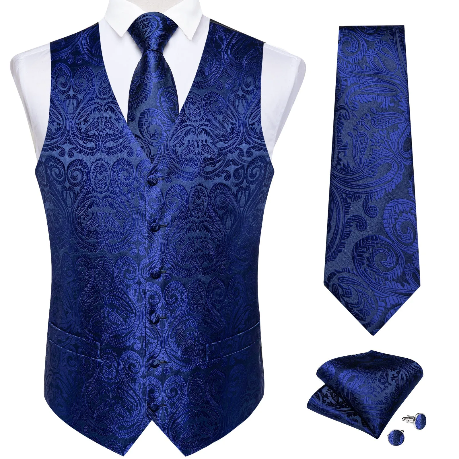 Royal Blue Paisley Jacquard Silk Men's Vest Hanky Cufflinks Tie Set