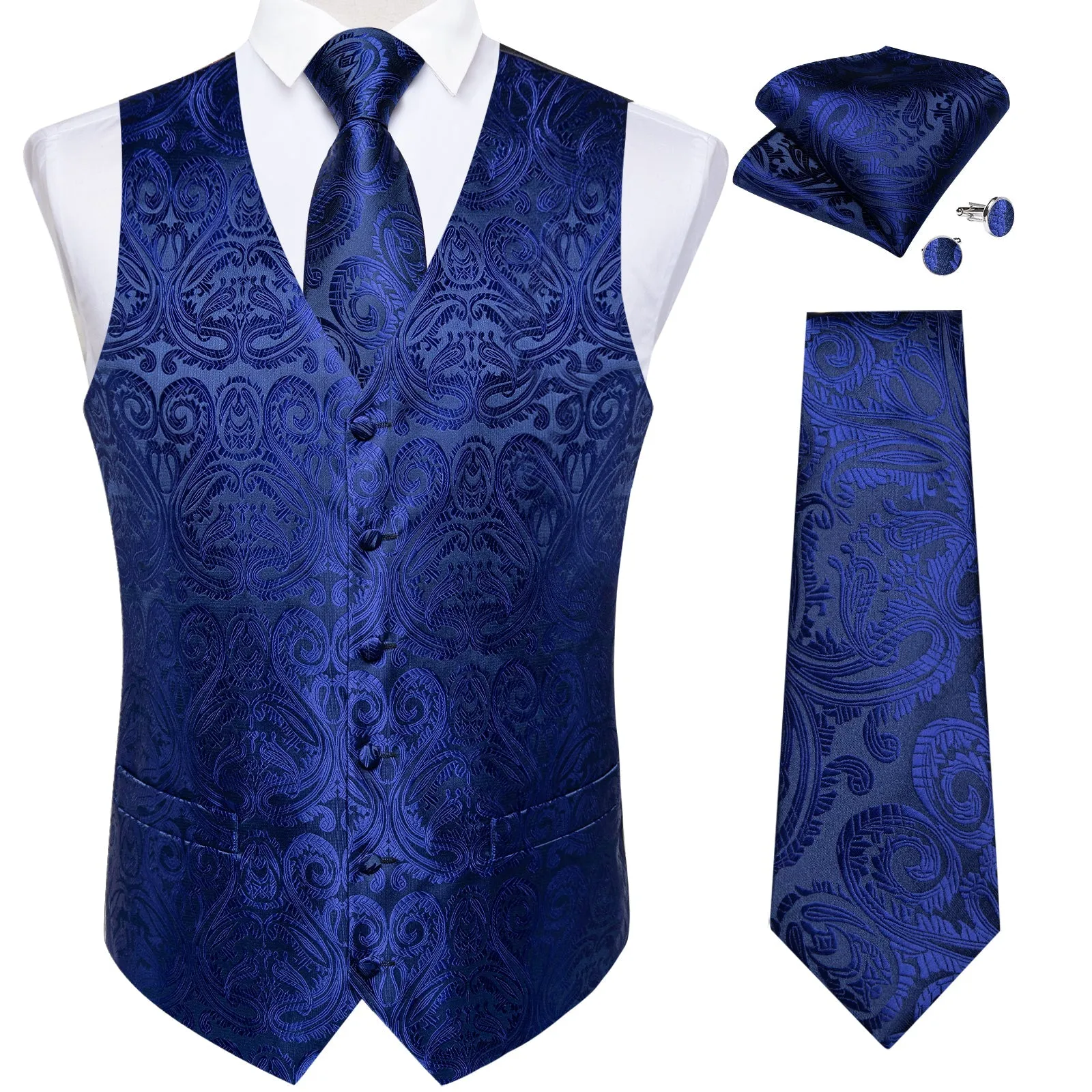 Royal Blue Paisley Jacquard Silk Men's Vest Hanky Cufflinks Tie Set